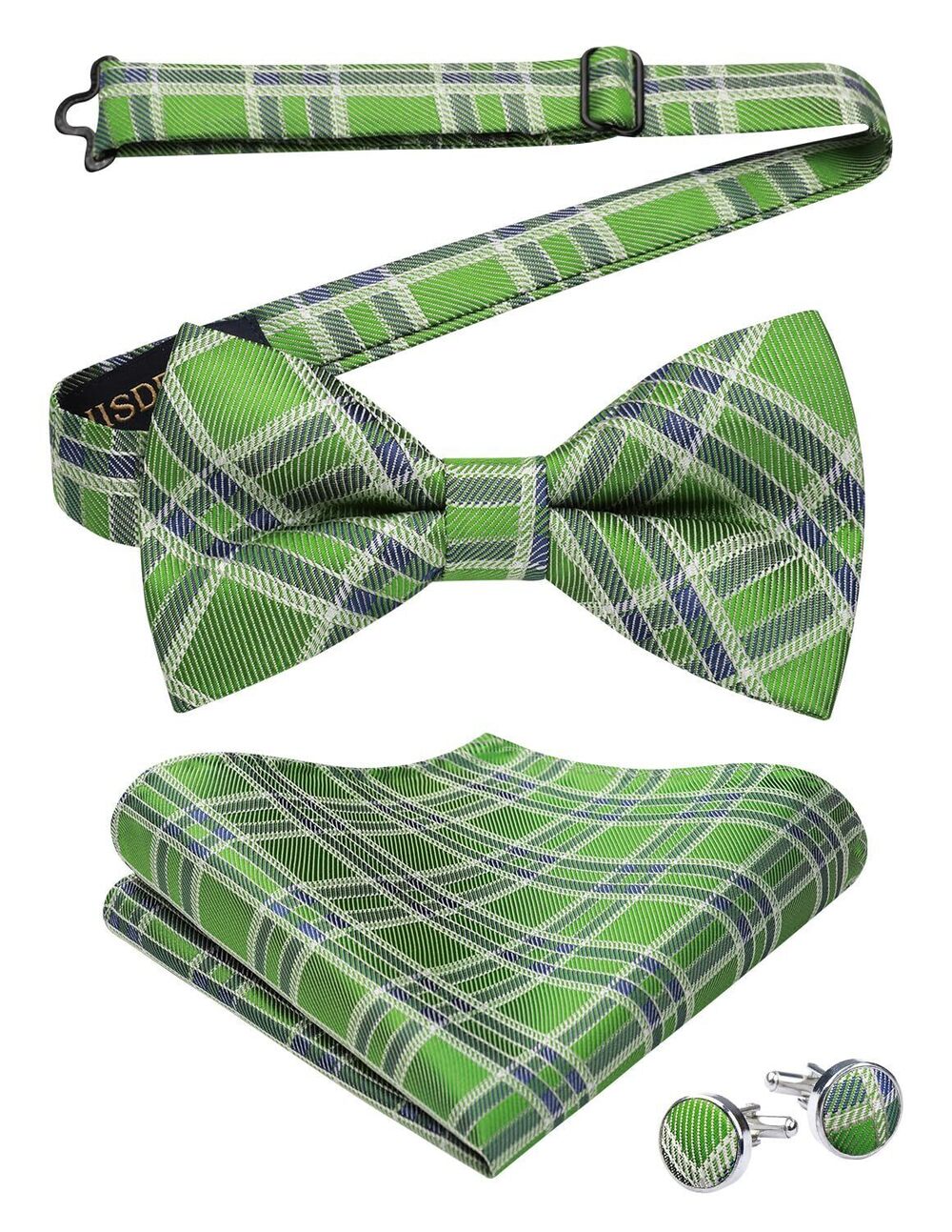 3522 Pre-Tied Bow Ties Light Green Plaid Bow Tie Set with Handkerchief &
